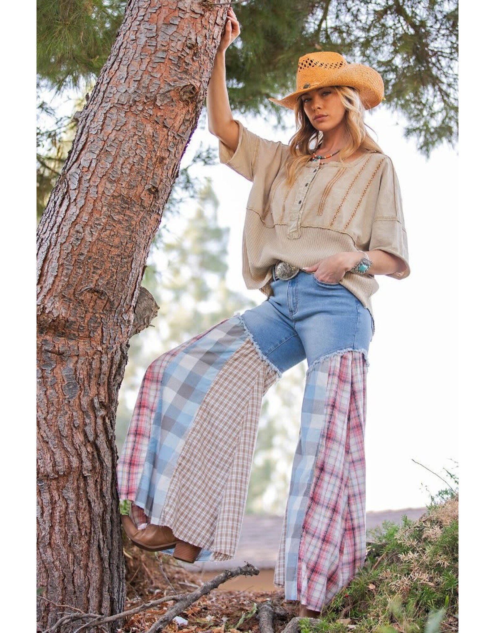 Easel Plaid Mix Washed Denim Pants