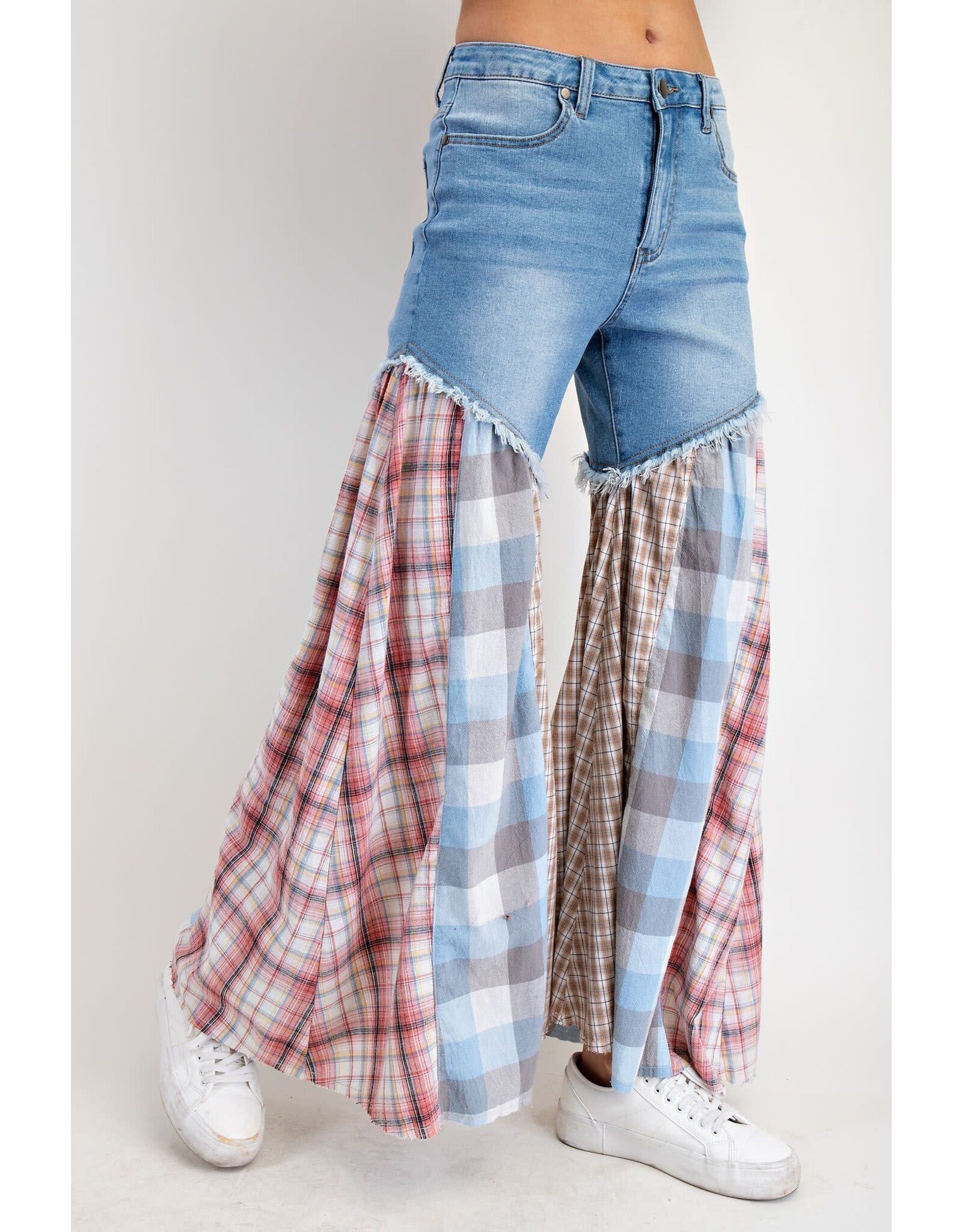 Easel Plaid Mix Washed Denim Pants