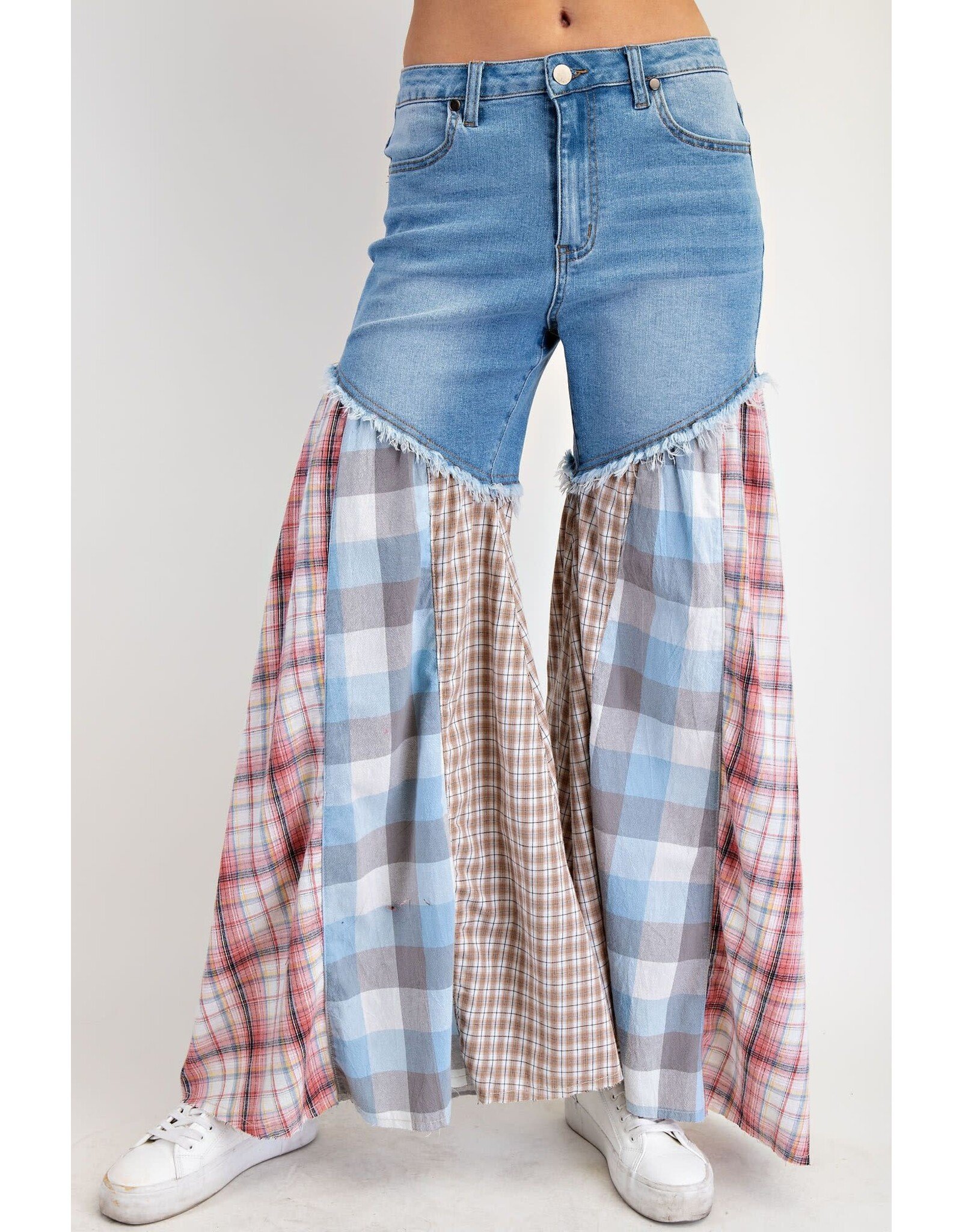 Easel Plaid Mix Washed Denim Pants