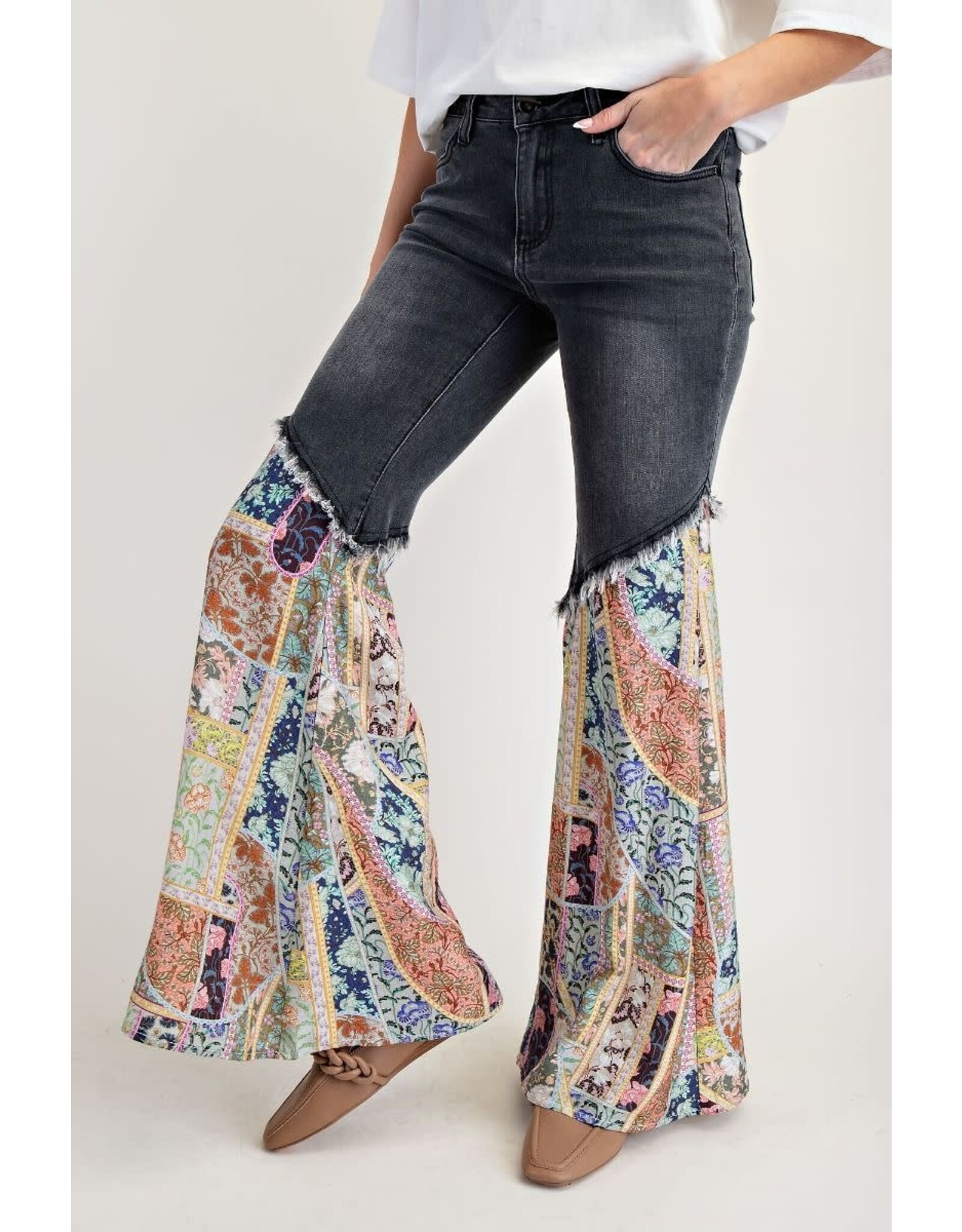 Easel Print Bottom Washed Denim Pants