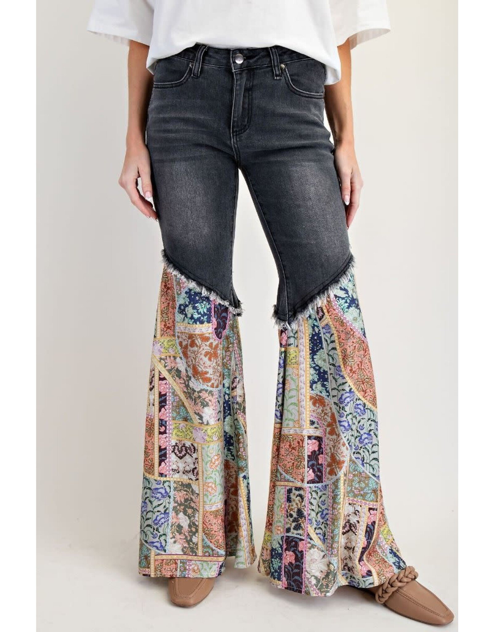 Easel Print Bottom Washed Denim Pants