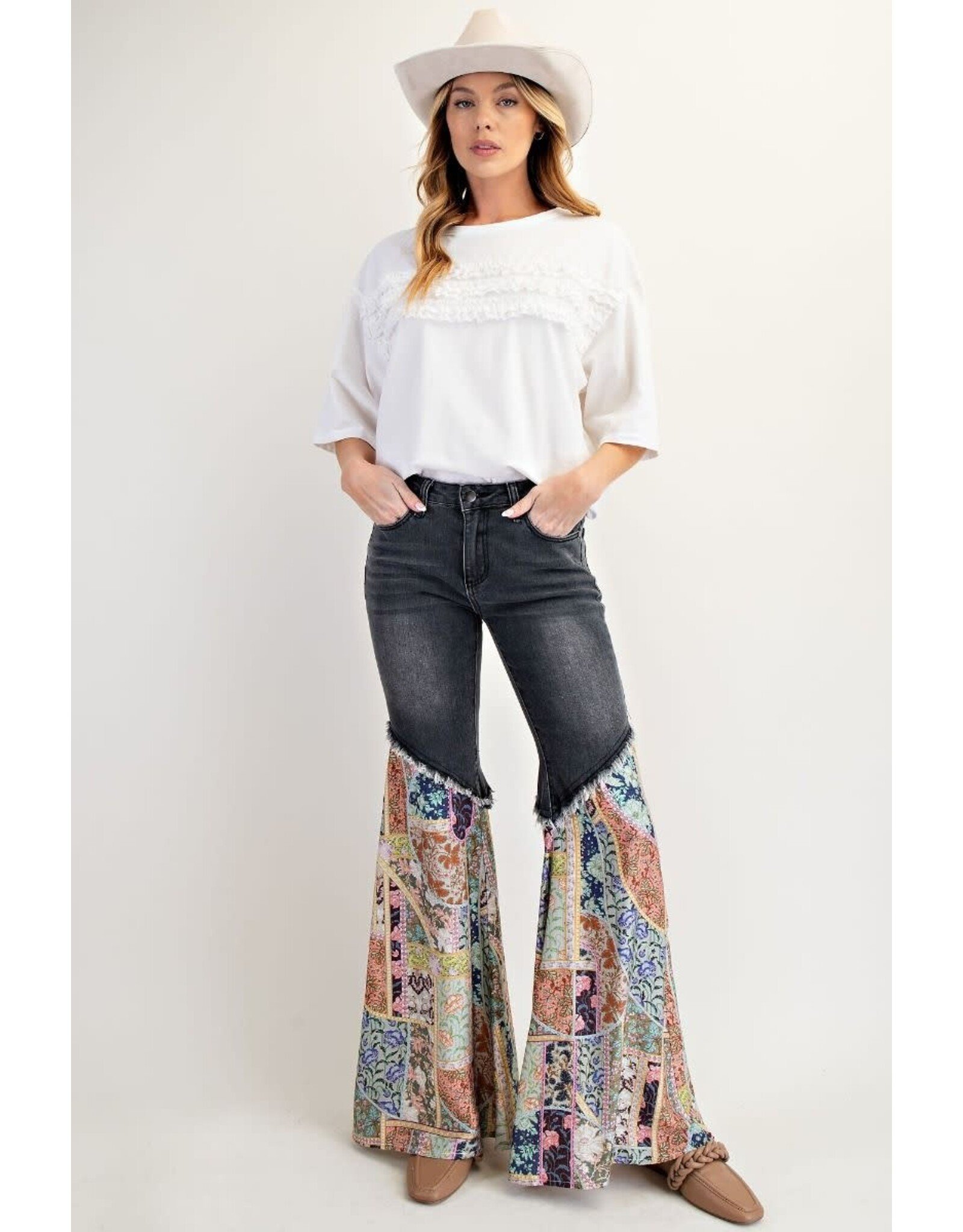 Easel Print Bottom Washed Denim Pants