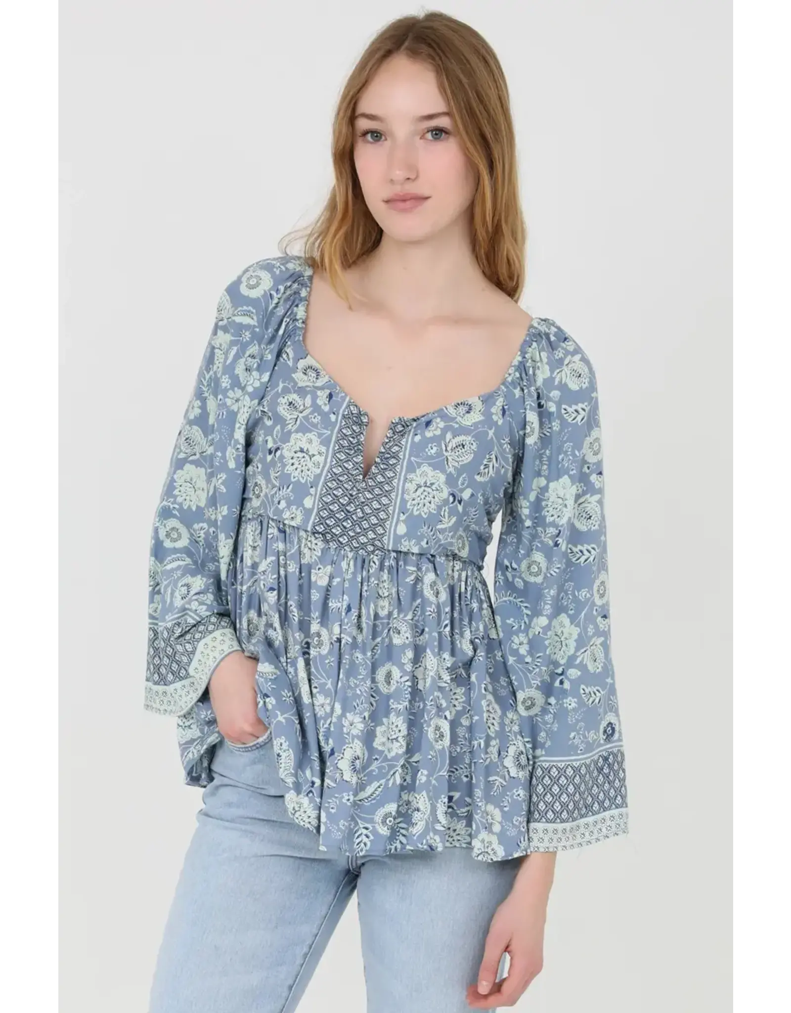Angie L/S V-Notch Floral Print Top