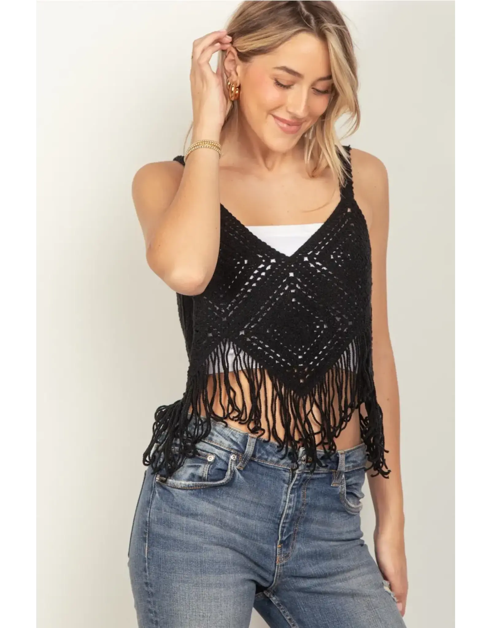 Very J Crochet Fringe Crop Top