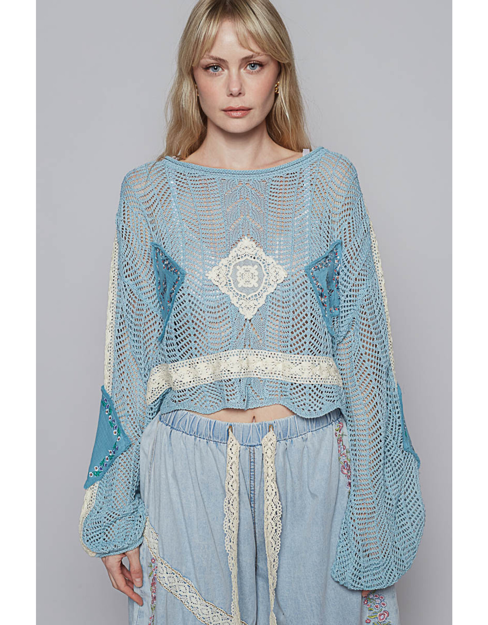 Pol Clothing Cropped Crochet Patch Sweater
