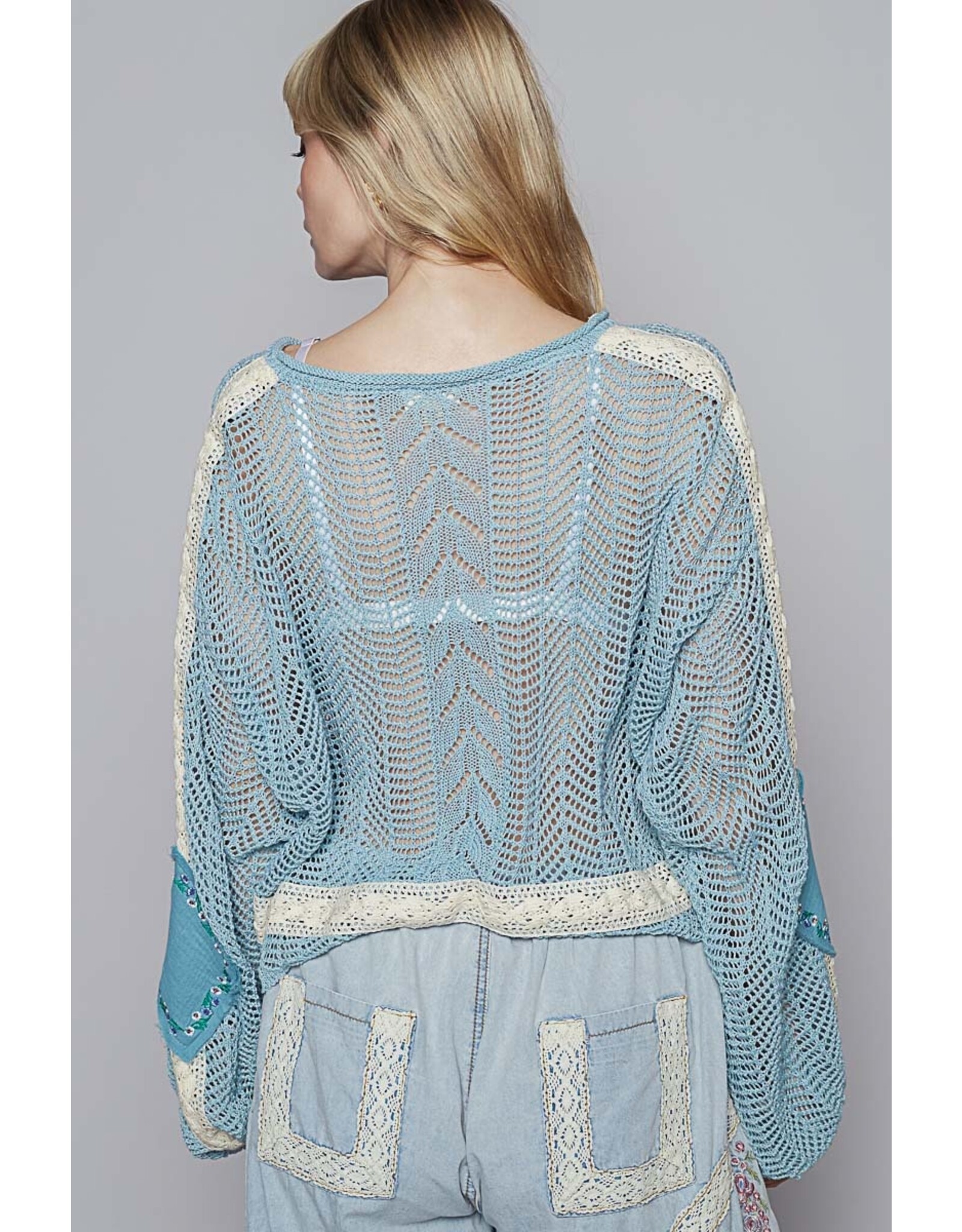 Pol Clothing Cropped Crochet Patch Sweater