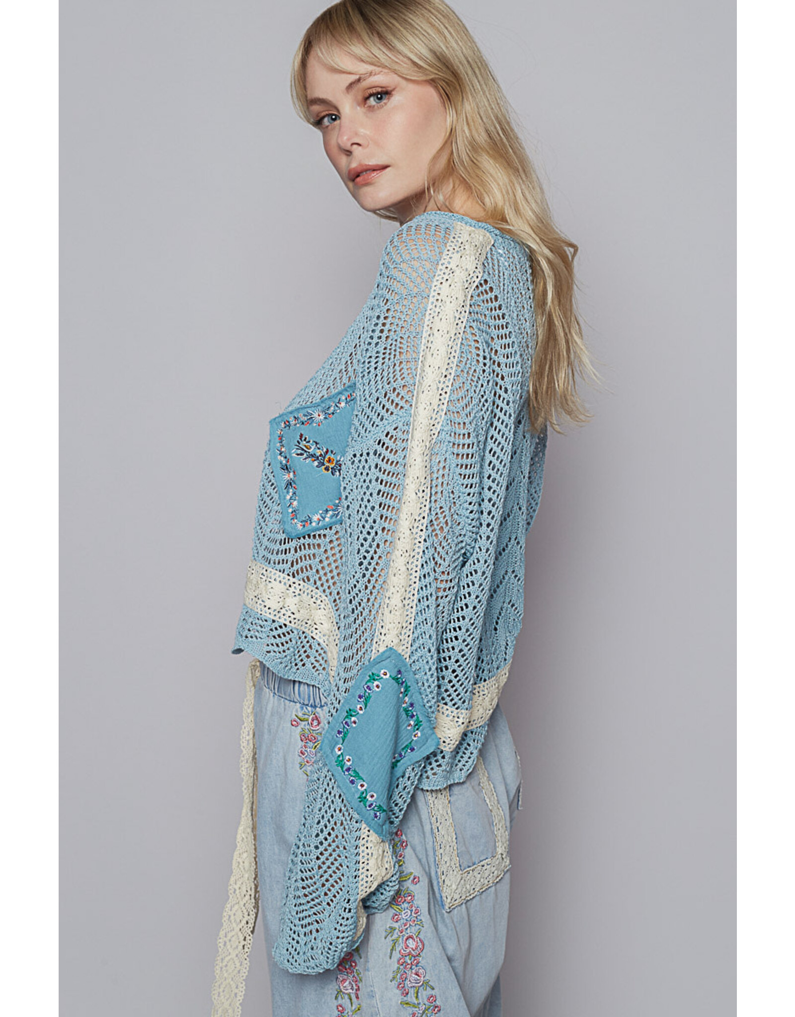 Pol Clothing Cropped Crochet Patch Sweater