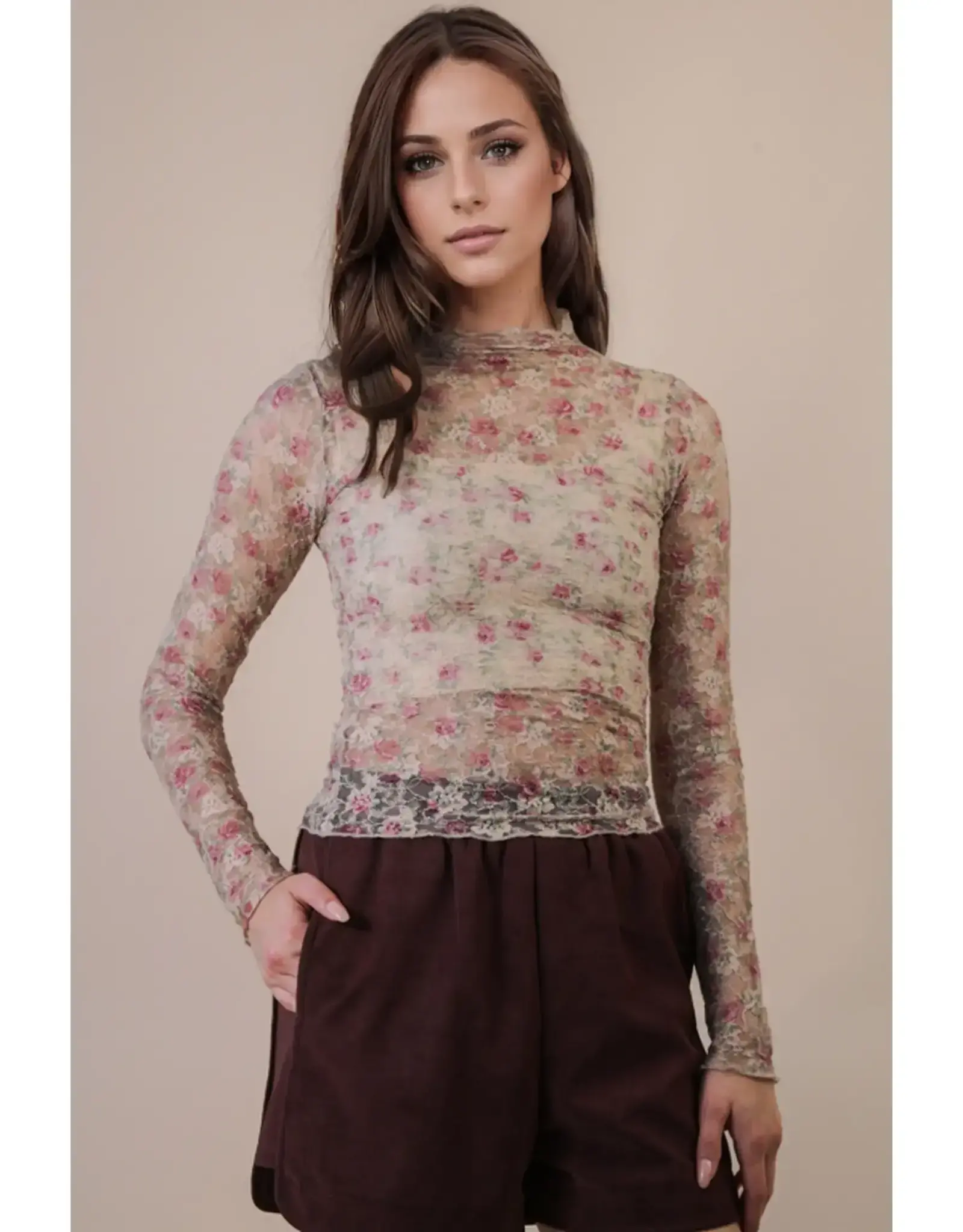 Very J High Neck Sheer Mesh Lace Top
