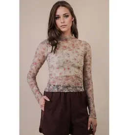 Very J High Neck Sheer Mesh Lace Top