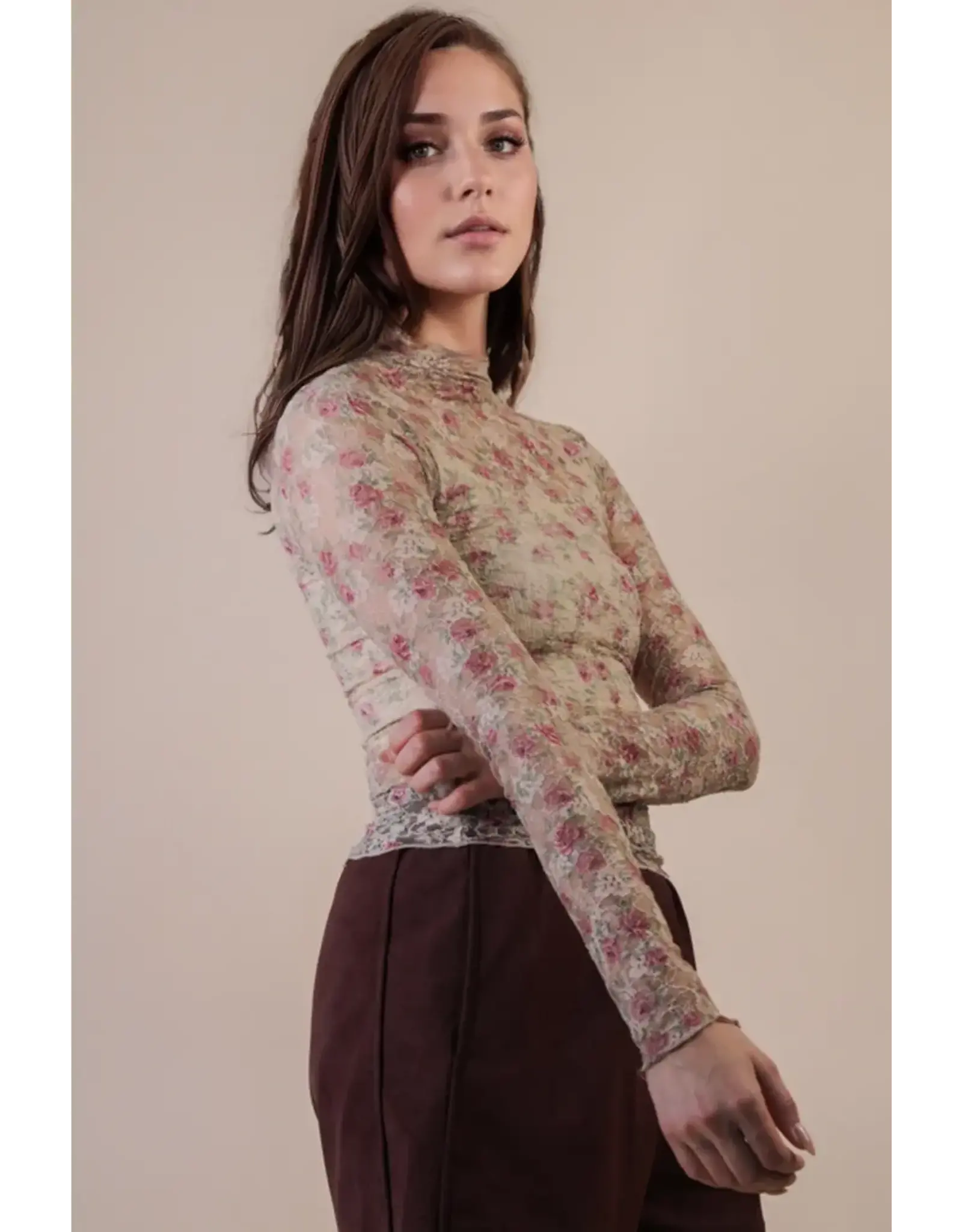 Very J High Neck Sheer Mesh Lace Top