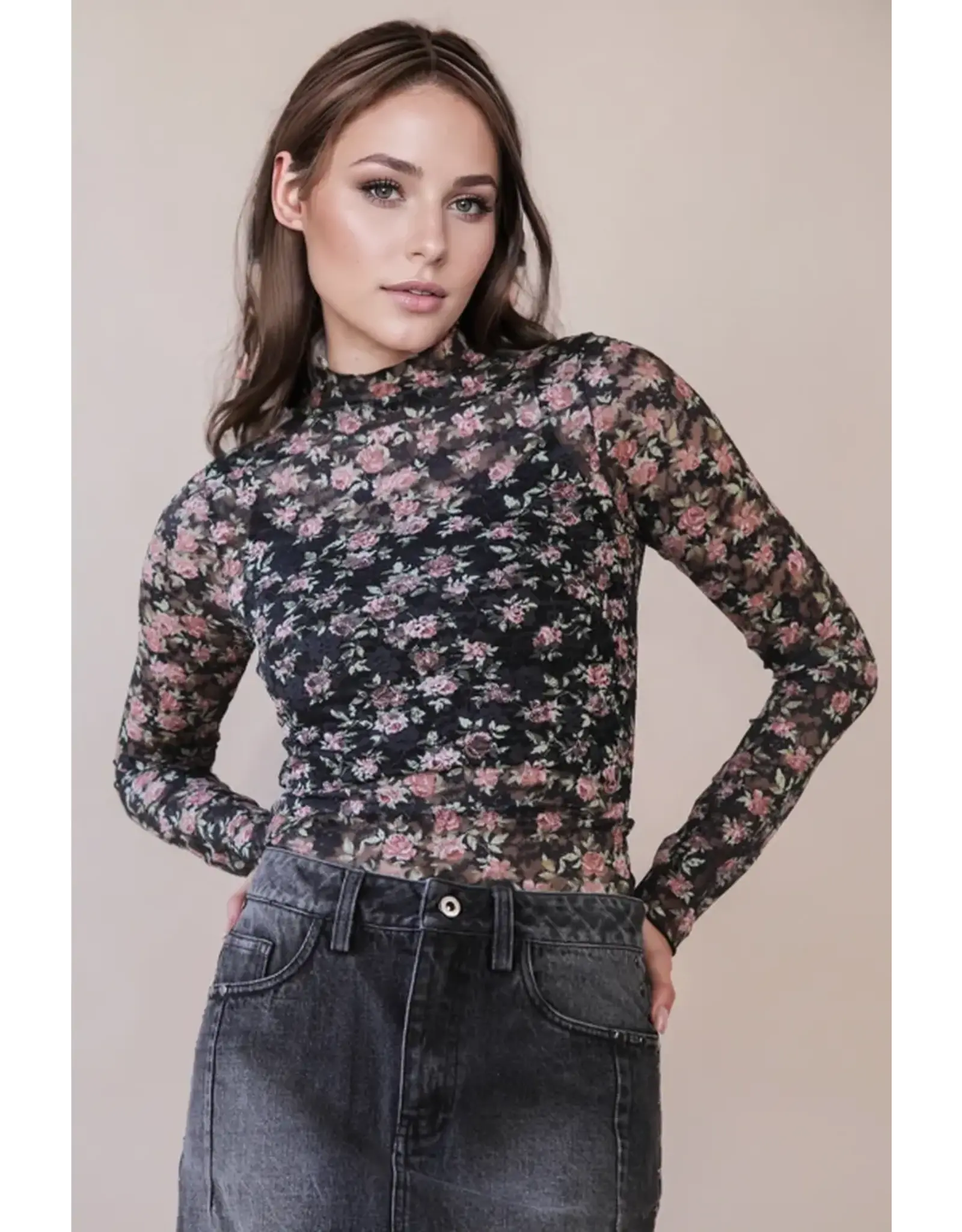 Very J High Neck Sheer Mesh Lace Top