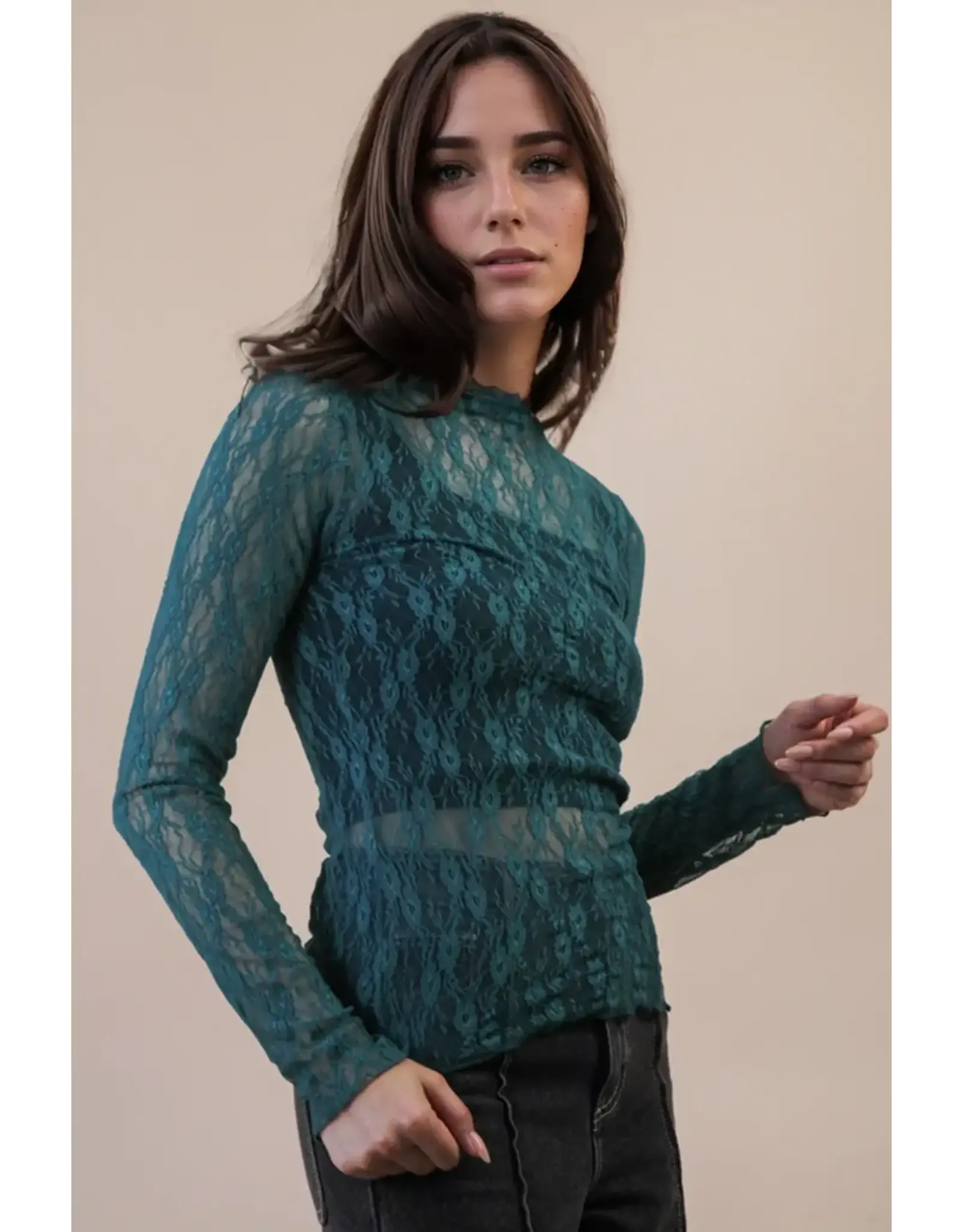 Very J High Neck Sheer Mesh Lace Top