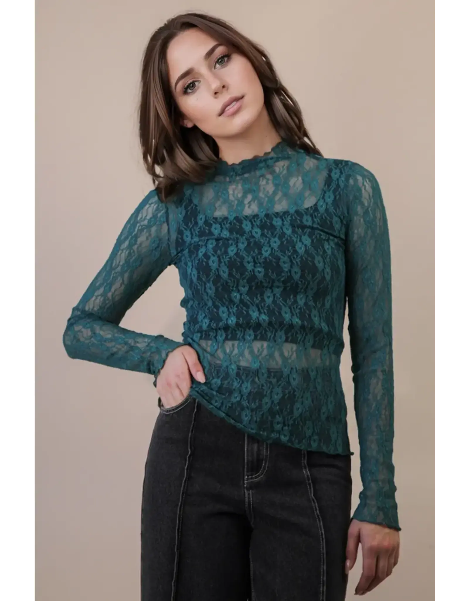 Very J High Neck Sheer Mesh Lace Top