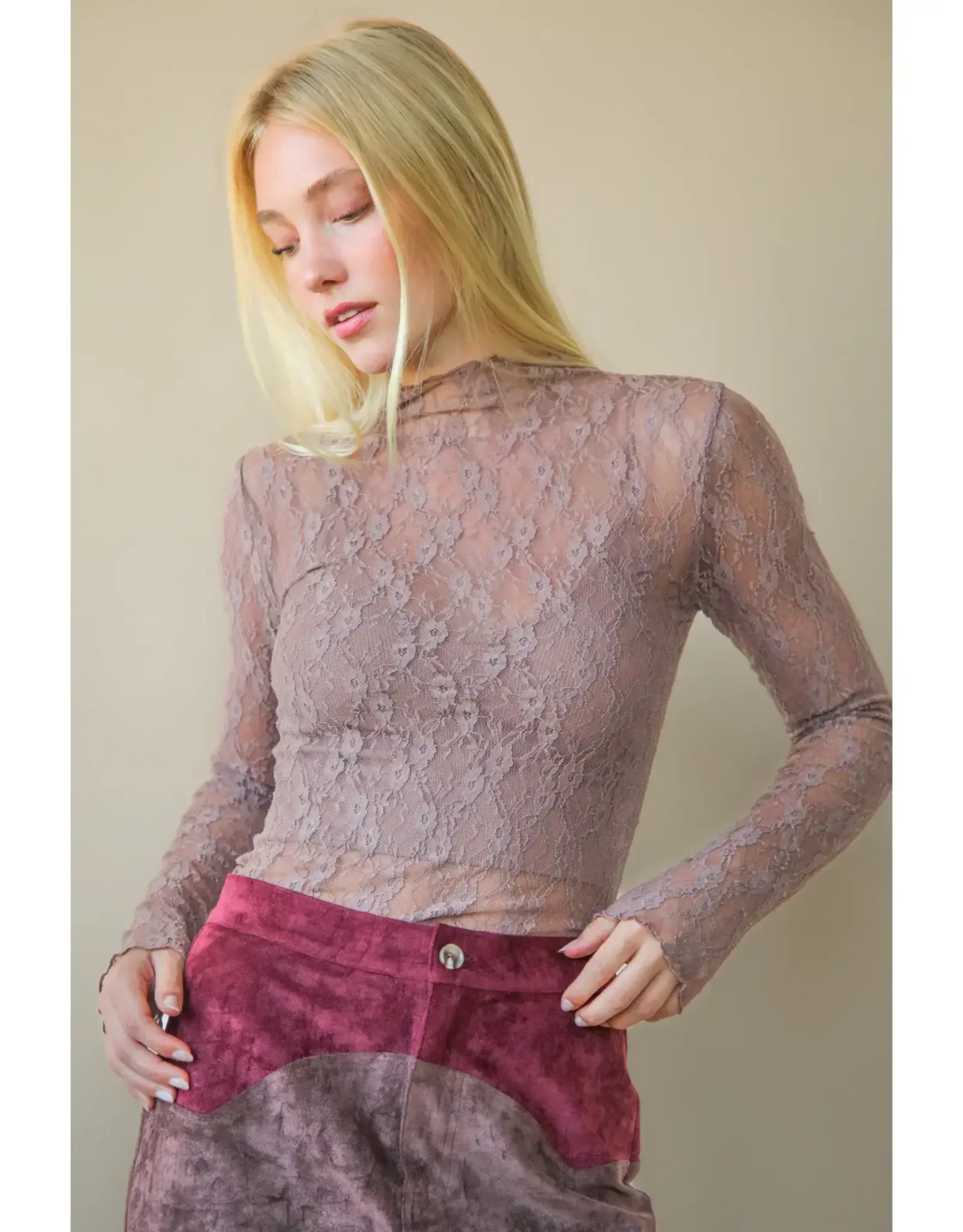 Very J High Neck Sheer Mesh Lace Top