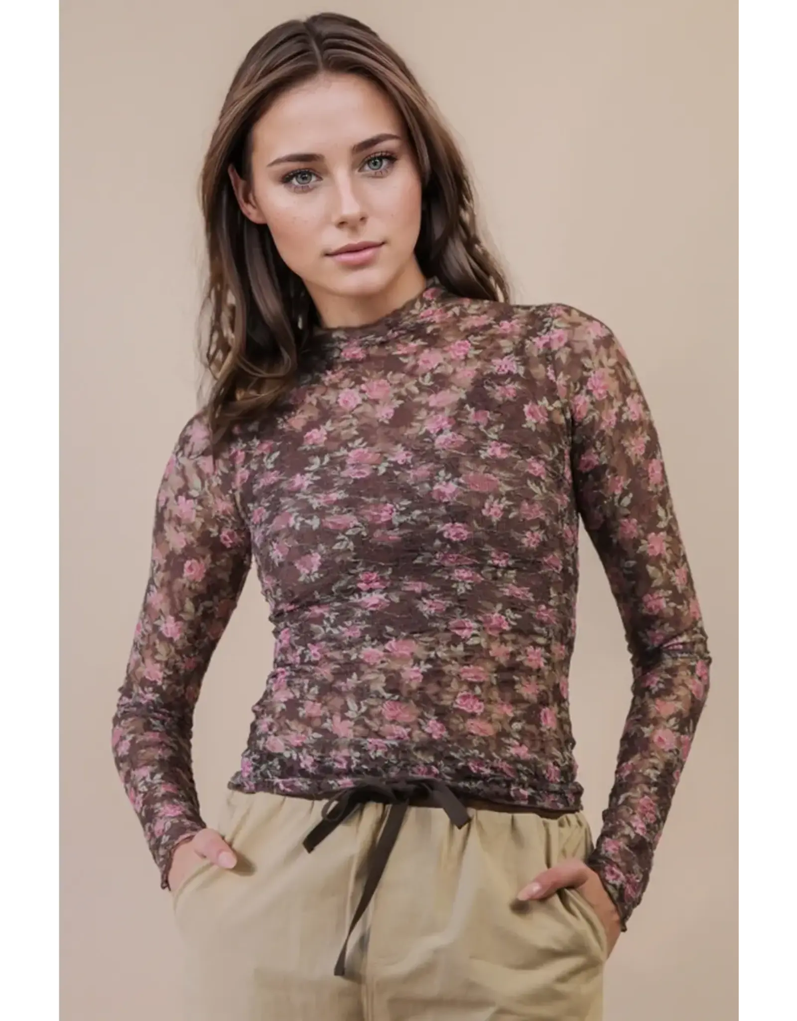Very J High Neck Sheer Mesh Lace Top