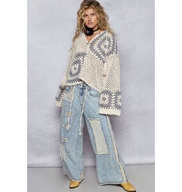 Pol Clothing Hand Knit Squares Hooded Button Closure Cardigan
