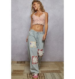 Pol Clothing Vintage Washed Elastic Band Striped Denim Pants