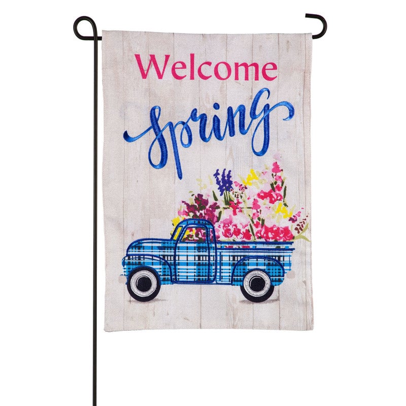 $$*****Welcome Spring Plaid Truck Garden Burlap Flag