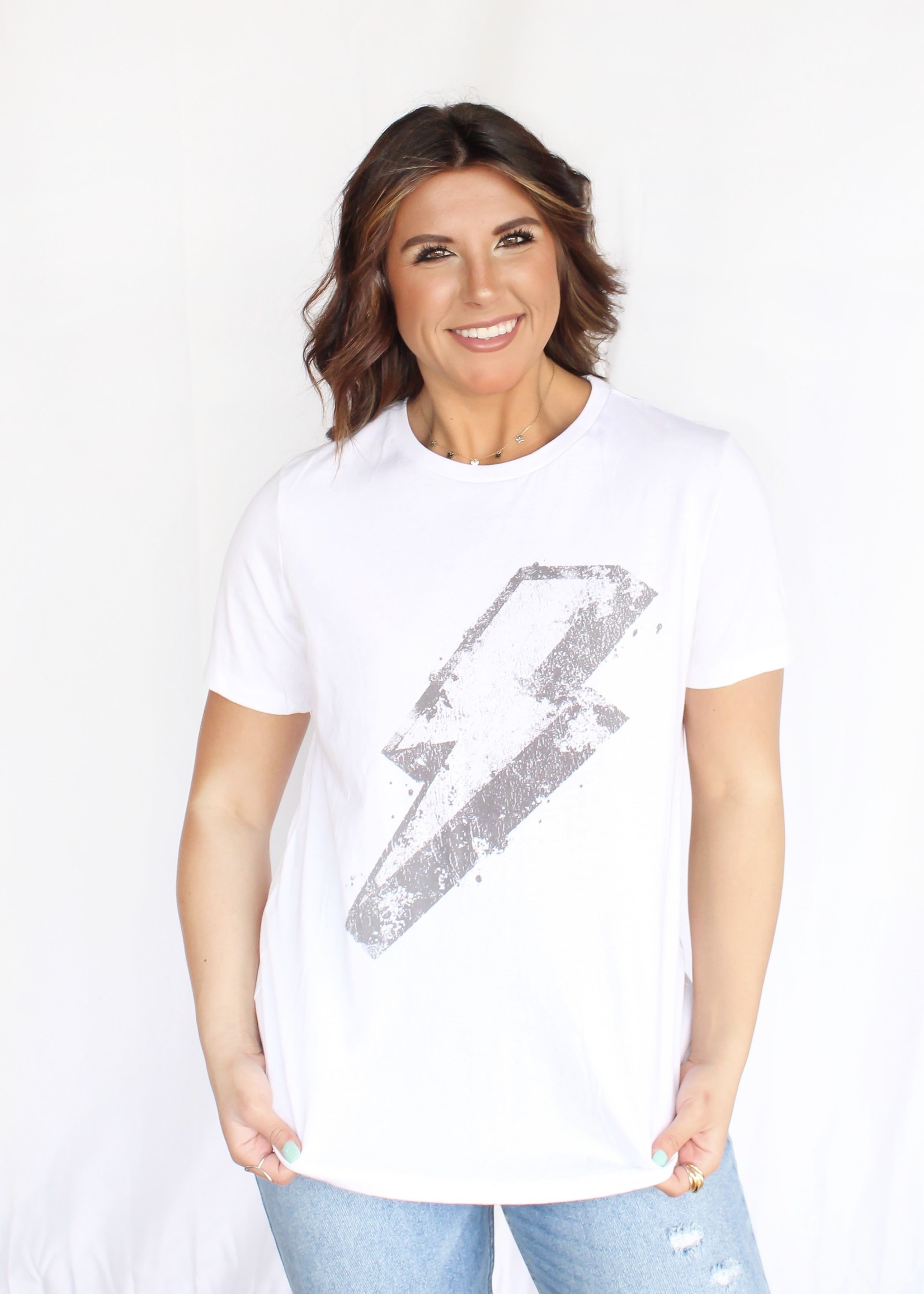 Relaxed Fit Tee w/ Distressed Lightening Bolt Design