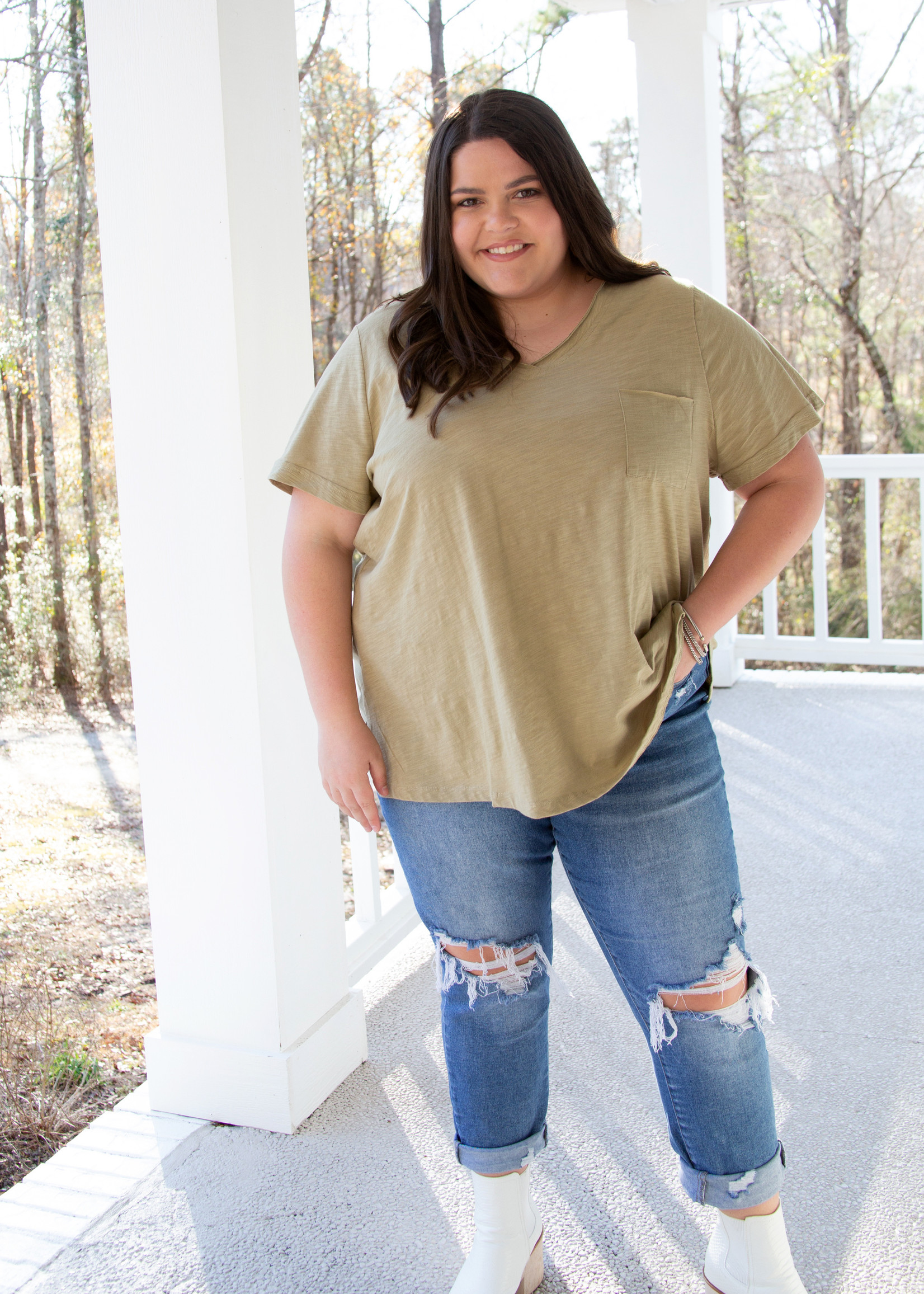 Washed Cotton Pocket Casual Top CURVY
