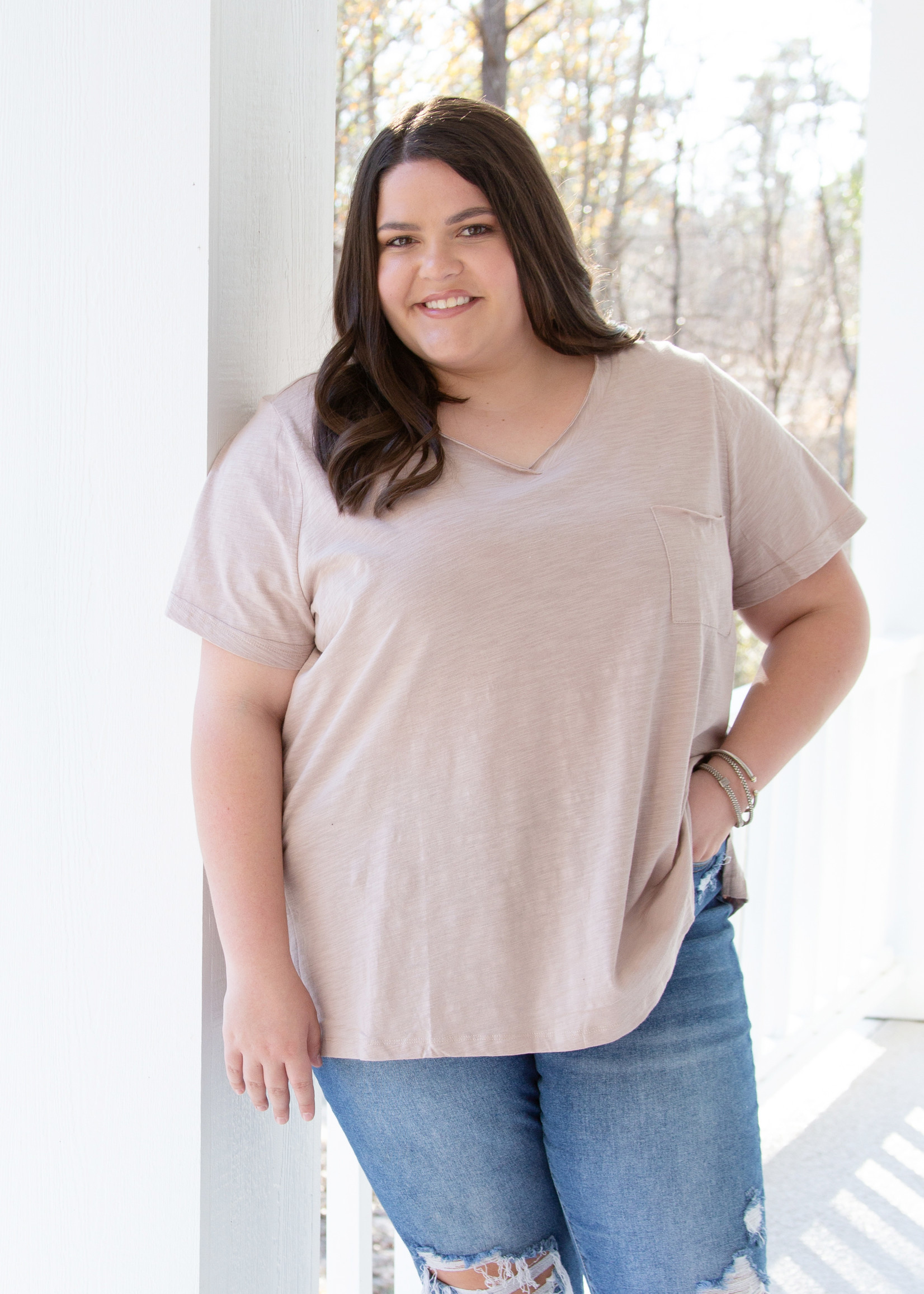 Washed Cotton Pocket Casual Top CURVY