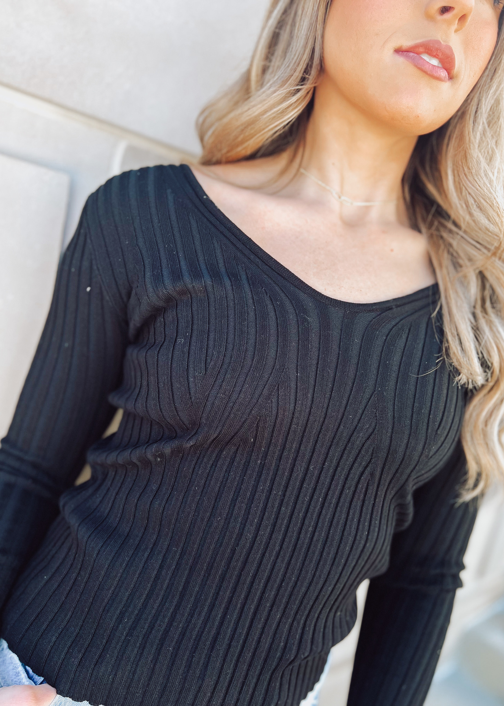 A Fitting Moment Ribbed V-Neck Sweater Top