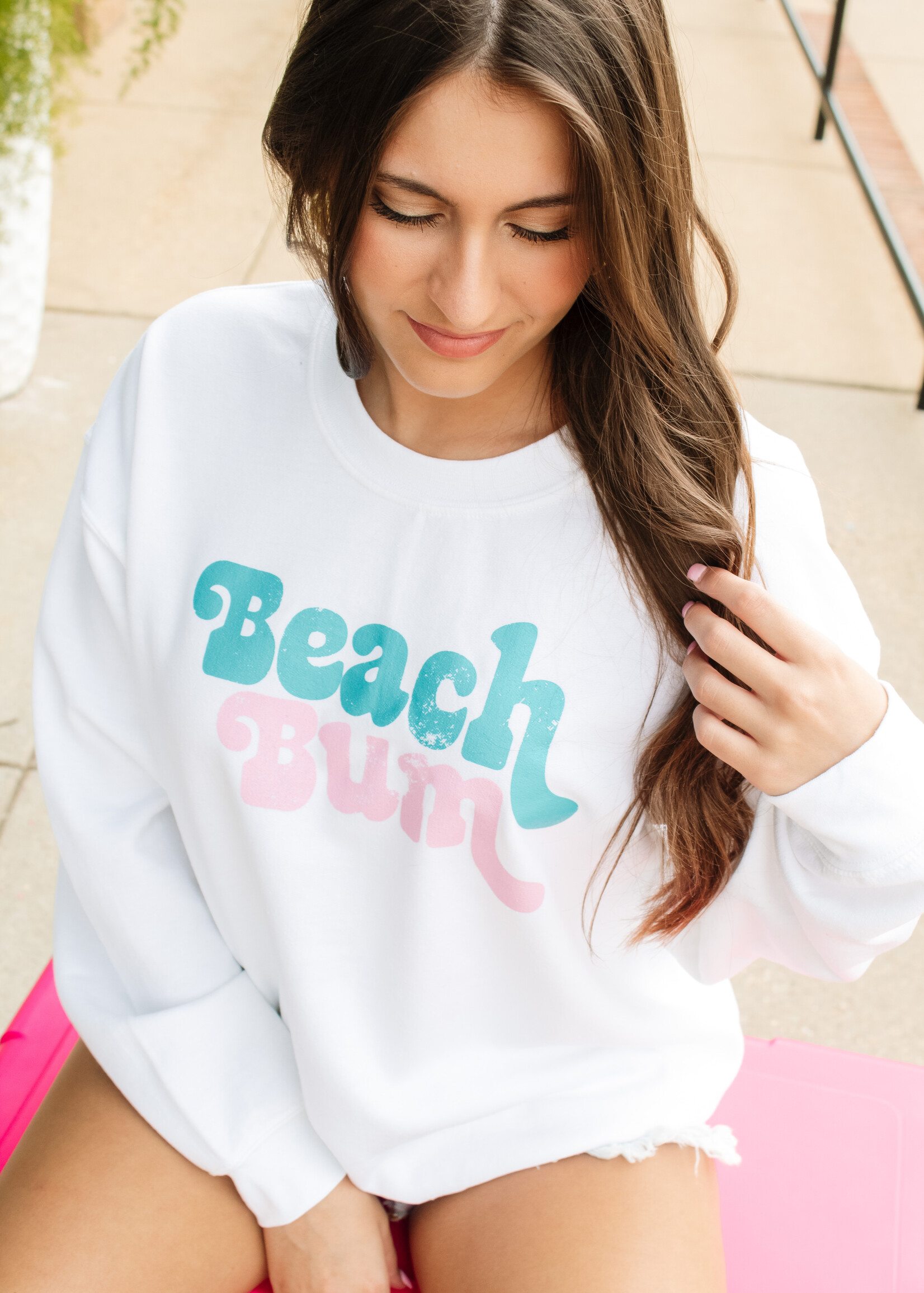 Beach Bum Bubble Letter Graphic Sweatshirt - Women's Boutique Clothing u0026  Trendy Fashion