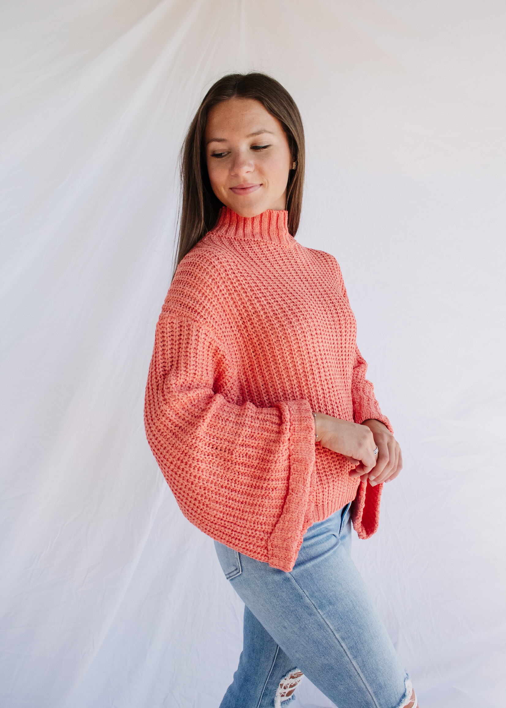 Pumpkin Season Wide Sleeve Mock Neck Knit Sweater Women s