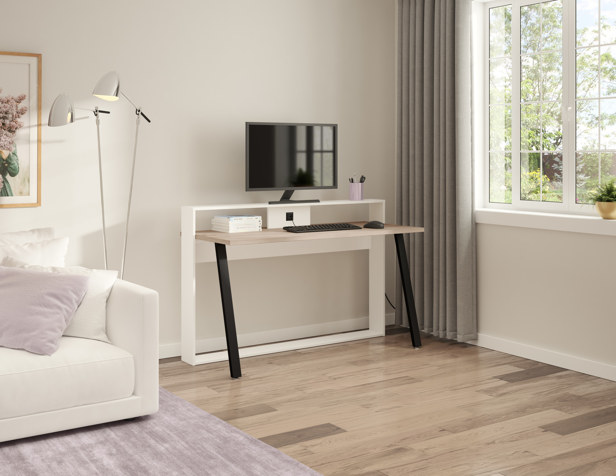 Bureau De Travail Avec Tablette Integree Chene Naturel Et Blanc Collection Lila M2go