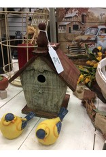 Rustic White Bird House w/Red Roof