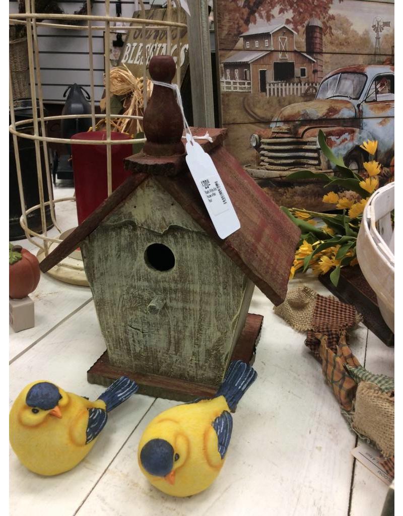 Rustic White Bird House w/Red Roof