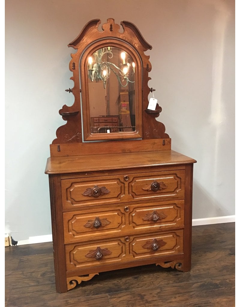 Walnut Victorian 3 Drawer Dresser W Mirror And Carved Pulls