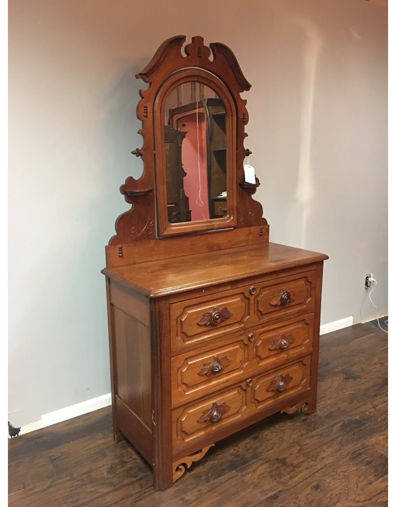 Walnut Victorian 3 Drawer Dresser W Mirror And Carved Pulls