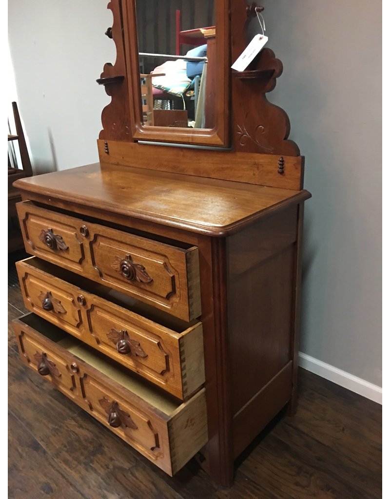 Walnut Victorian 3 Drawer Dresser W Mirror And Carved Pulls