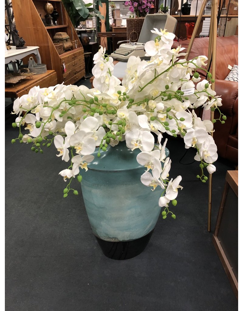 Large Blue and Brown Floor Vase w Orchids