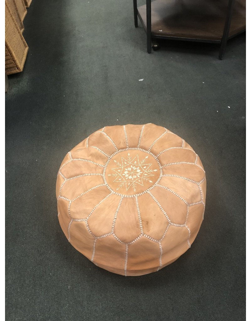 Tan Round Moroccan Leather Pouf