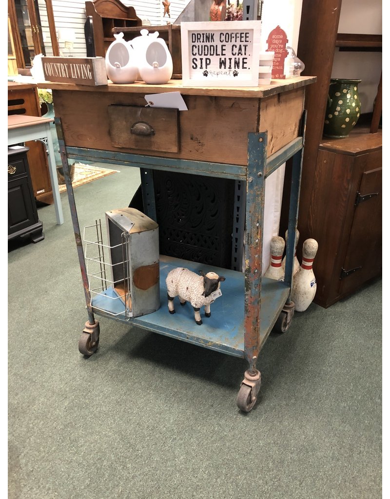 Blue and Wood Industrial Cart