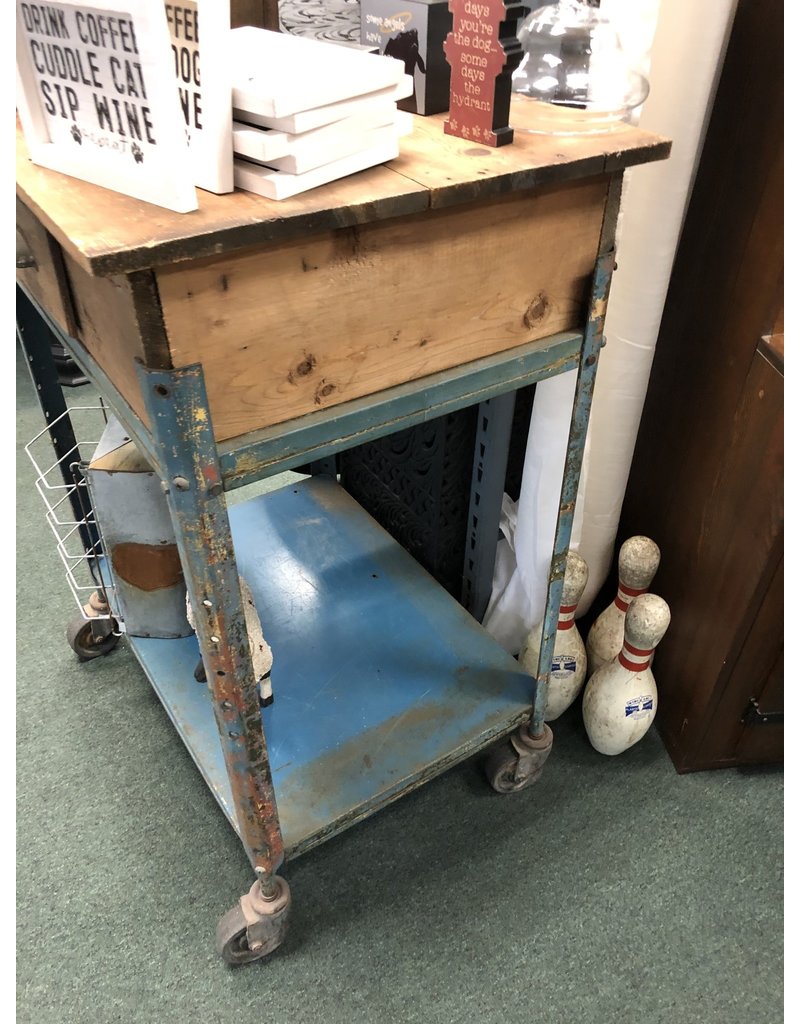 Blue and Wood Industrial Cart