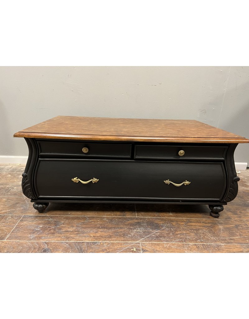 Bombe Style Black Coffee Table w/ Leather Top