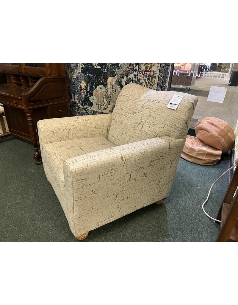 Tan Upholstered Armchair w/ Script Fabric