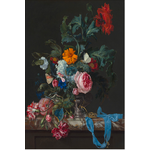 Framed Print on Rag Paper: Flower Still Life with a Timepiece