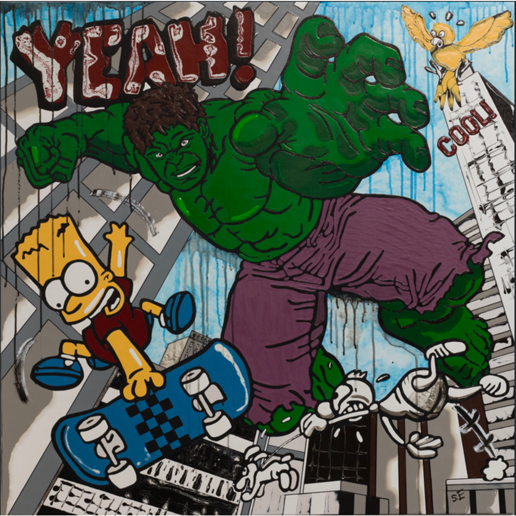 Framed Print on Canvas: Hulk vs Bart by Sylvie Eudes