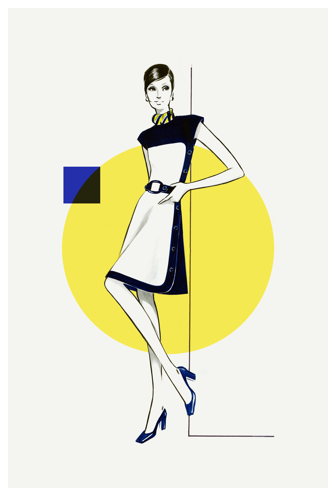 Fashion Vintage Sketches 60S Print Yellow Blue Dress, Archival Pap The ...