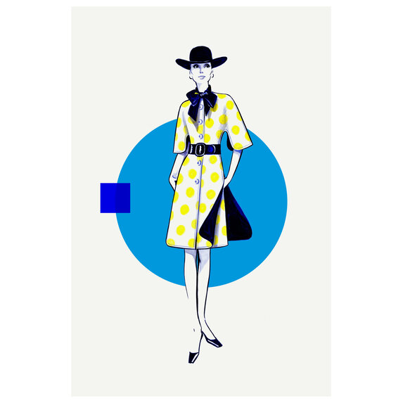 Fine Art Print on Rag Paper Yellow Dots & Blue Dress Fashion Vintage Sketches 60S 2