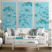 Framed Print on Rag Paper: Scenic Floral Triptych in Powder Blue with an off-white frame 30 x 60 each panel