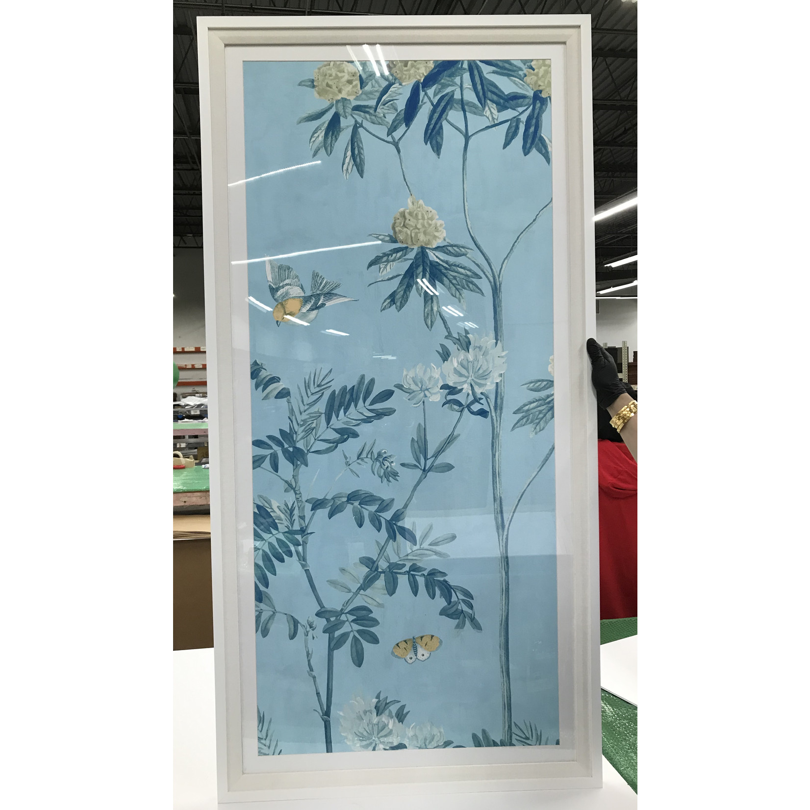 Framed Print on Rag Paper: Scenic Floral Triptych in Powder Blue with an off-white frame 25 x 50 inches each panel