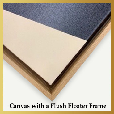 Example or a Canvas framed with a light oak floater frame