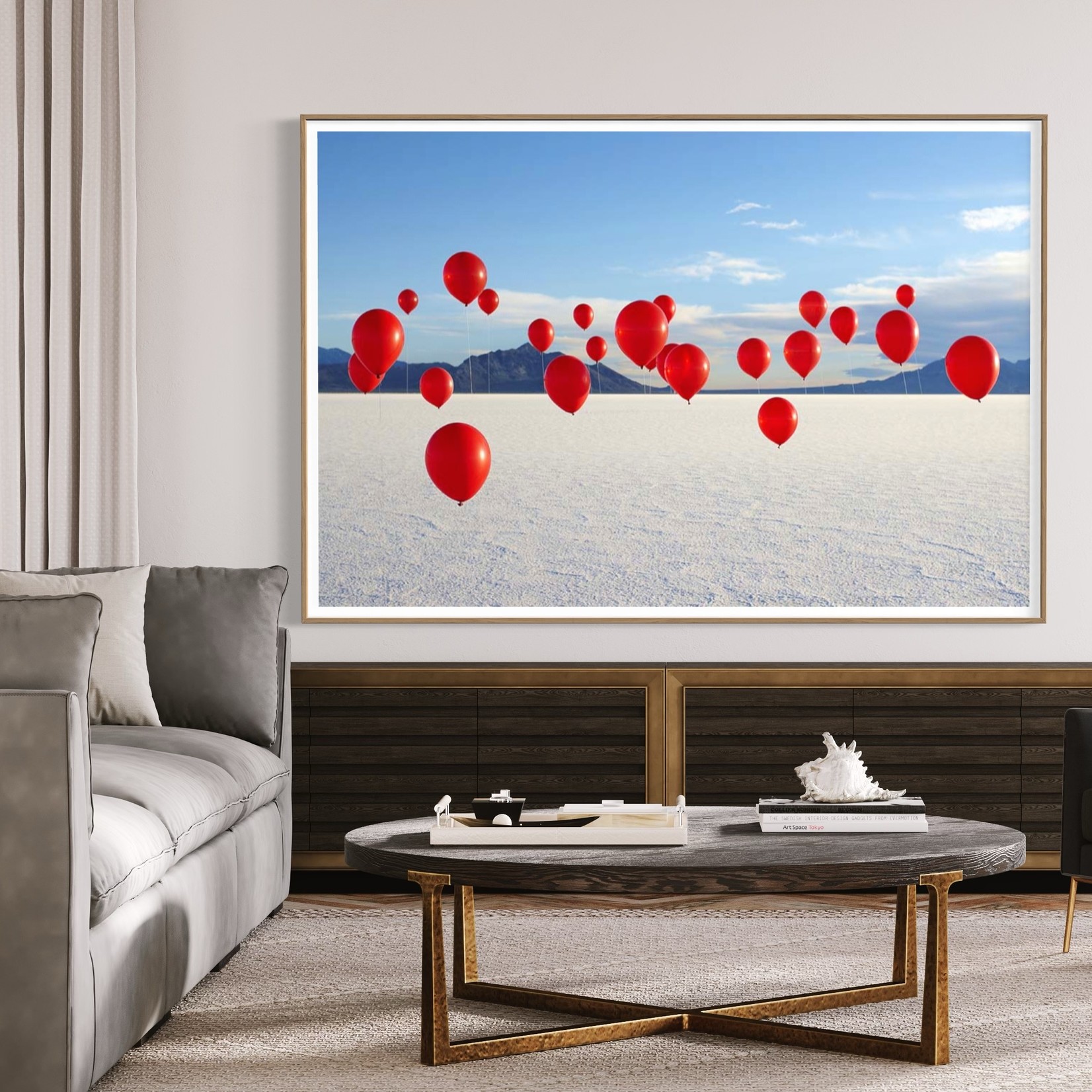 Framed Print on Rag Paper Group of Red Balloons on Salt Flats by Andy Ryan via Getty Images Gallery