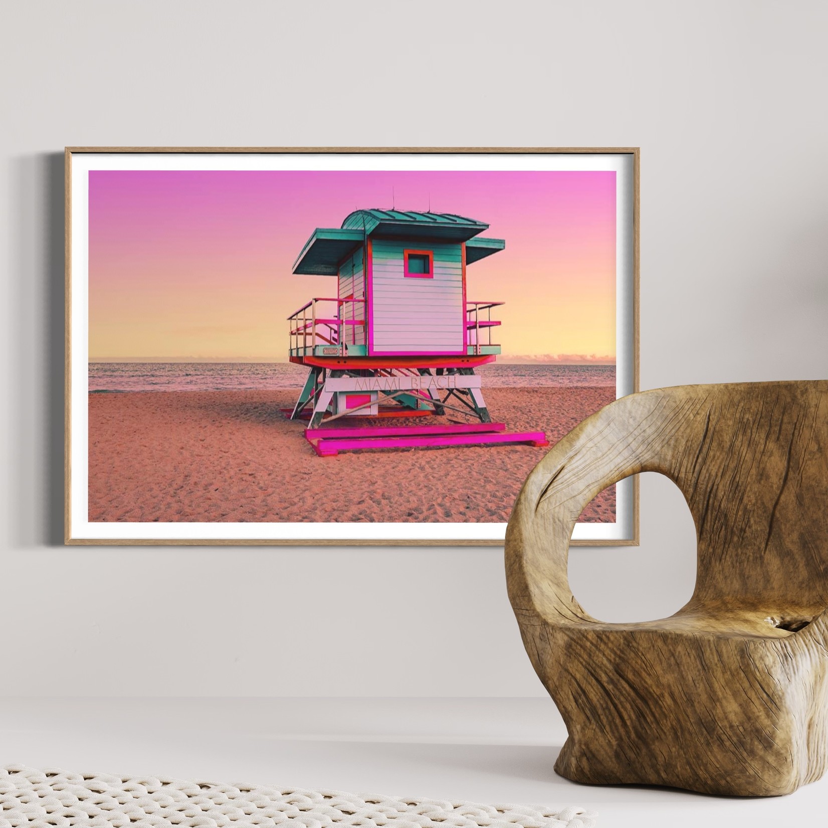 Framed Print on Rag Paper: Colorful Miami Beach lifeguard tower with stunning sunset sky and empty beach by Artur Debat via Getty Images Gallery