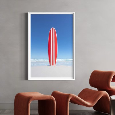 Framed Print on Rag Paper Red and white striped retro surfboard with the ocean in the background by  John White Photos via Getty Images Gallery